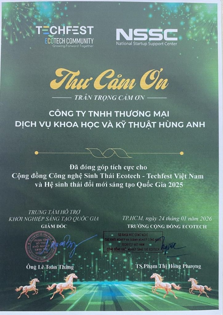 Hình 7. Công ty Hùng Anh nhận thư cảm ơn từ Trung tâm Hỗ trợ khởi nghiệp sáng tạo Quốc gia và Cộng đồng Ecotech vì những đóng góp tích cực cho Hệ sinh thái đổi mới sáng tạo Quốc gia 2025