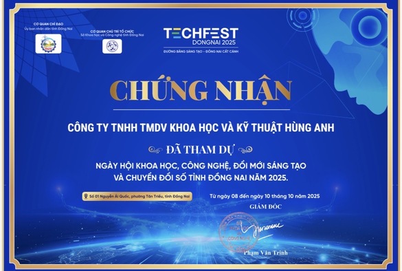 Hình 2. Chứng nhận Công ty Hùng Anh tham dự Ngày hội Khoa học, Công nghệ, Đổi mới sáng tạo và chuyển đổi số tỉnh Đồng Nai năm 2025